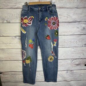 Juliette Womens Distress Jeans Size 12 Embroidery Sequin Applique Straight Leg